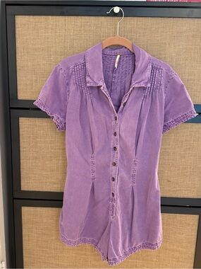 Free People Lavender Short Sleeve Button-Down Romper